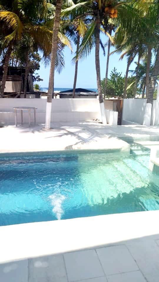 Piscina tropical rodeada de palmeras
