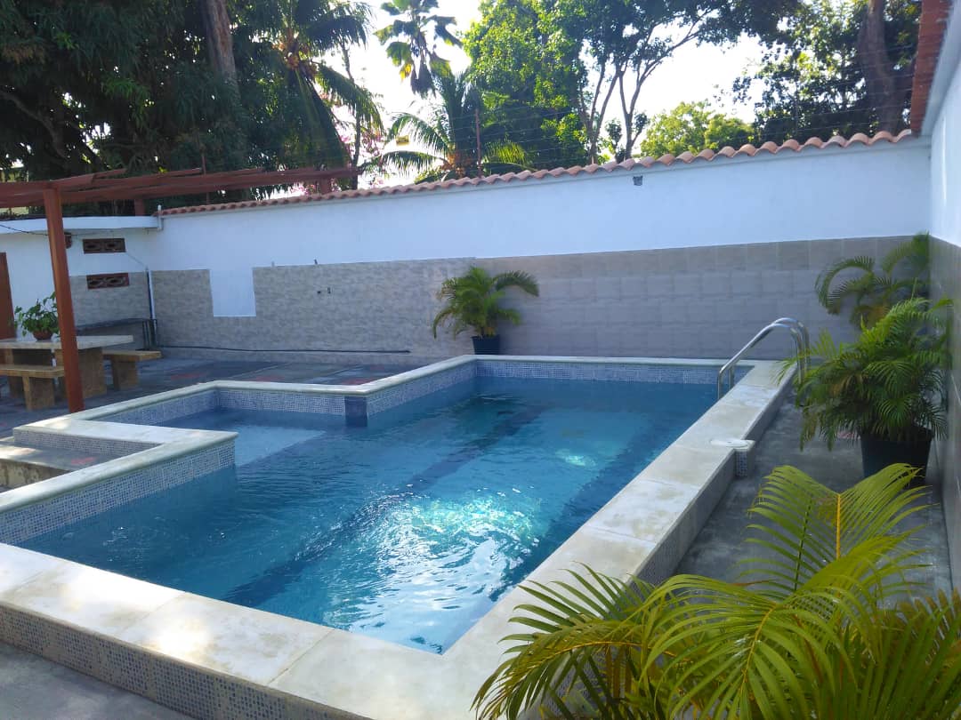 Piscina privada en patio con plantas decorativas